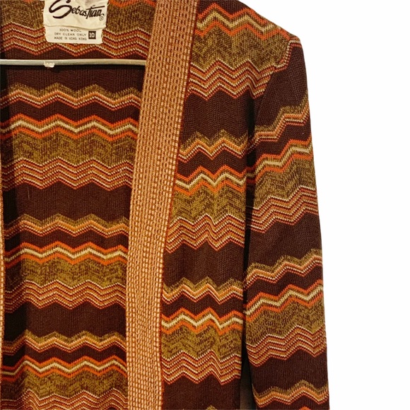 Vintage Sebastian Size 10 Brown Woven Chevron Wool‎ Open Cardigan - Picture 2 of 4